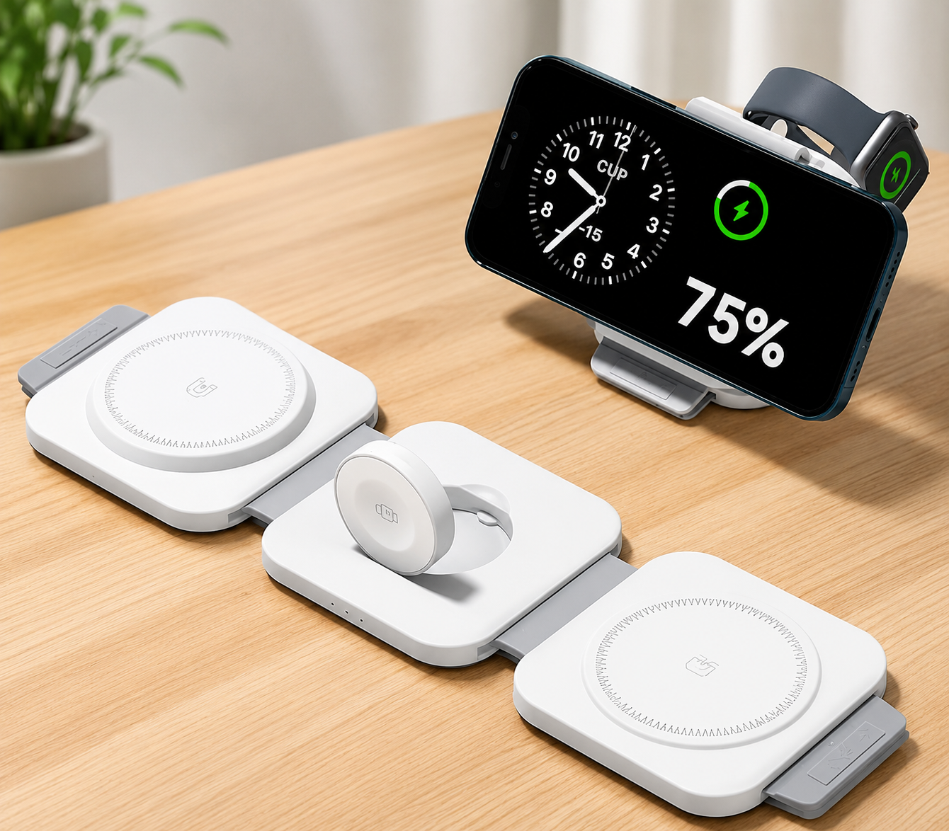 3-in-1 Foldable Magnetic Wireless Charging Station for Smartphone, Smartwatch & Earbuds | Fast Wireless Charger | Portable Travel-Friendly Charging Dock | White - Image 2